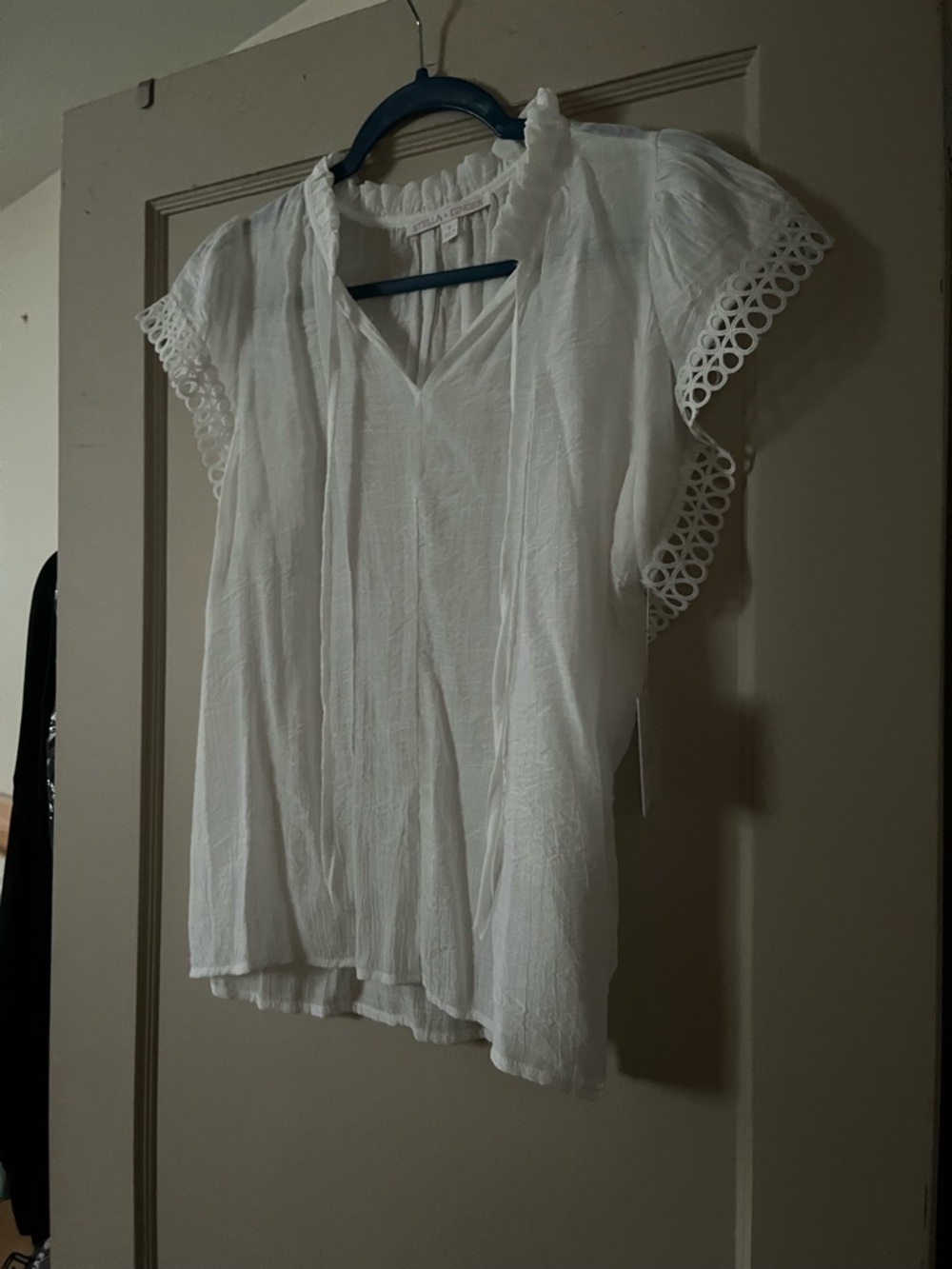 White Short-Sleeve Tie-Neck Eyelet Trim Blouse